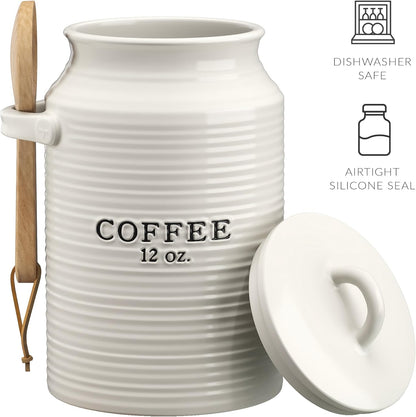 Barnyard Designs Coffee Canister for Kitchen Counter, Decorative Ceramic Coffee Container, Rustic Farmhouse Canister Jar, White (Coffee)