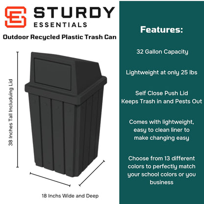 32 Gallon Square Slatted 100% Recycled Plastic Heavy-Duty Commercial Outdoor or Indoor Trash Can with Push Top Lid | Great for Schools and Businesses - Black