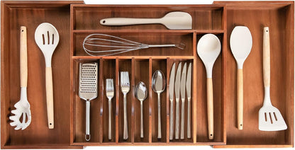 Premium Silverware, Flatware and Utensil Organizer for Kitchen Drawers, Food-Safe Contract Grade, Expandable from 18 to 33 In, Natural Acacia