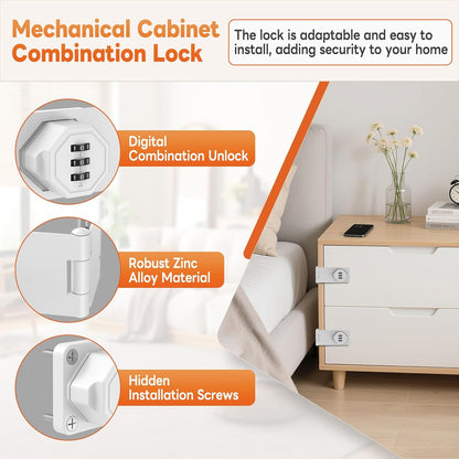 90 Degree 3-Digit Combination Cabinet Lock, Zinc Alloy Keyless Folding Hasp Lock Latch, Password Security Rotary Door Latch for Office File Cabinet, Drawer, Locker, Cupboard (2, White)