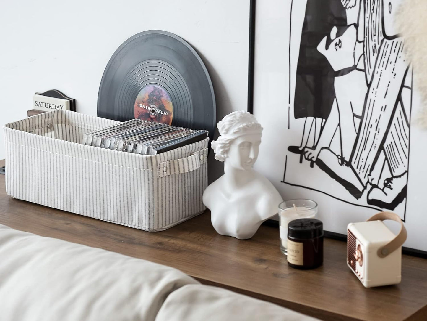 StorageWorks Narrow Storage Bins, Small Basket for Closet and Shelves, Fabric Organizer with Handles, Toilet Paper Storage, Gray and White Stripes, 2-Pack