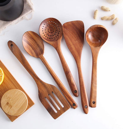 Wooden Spoons for Cooking, Cooking Utensils Set of 6 Natural Teak Wooden Cooking Spatulas with Utensils Holder Comfort Grip Wooden Kitchen Utensils for Nonstick Cookware