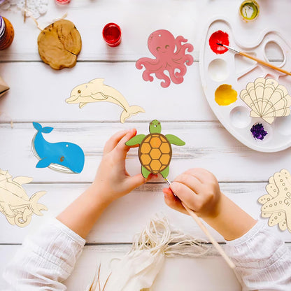 80PCS Wooden Sea Ornaments to Paint, 10 Styles DIY Blank Unfinished Wood Ocean Whale Seahorse Octopus Starfish Dolphin Turtle Shark Crab Cutouts Ornament for Crafts Hanging Decorations Summer