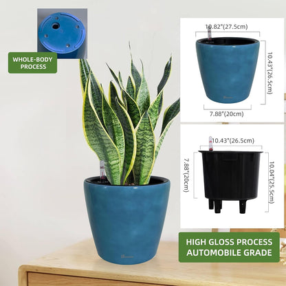 Dexceder 11x10 Inches Self Watering Planter Indoor Outdoor, Inner Pot Design, Thickened Table Flower Plant Pot with Water Level Indicator (Peacock Blue Gradient)