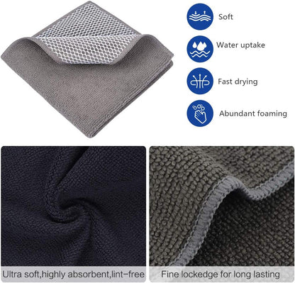 SINLAND Microfiber Dish Cloth for Washing Dishes Best Kitchen Washcloth Cleaning Cloths Poly Scour Side 12inchx12inch 5 Pack (Blue+White+Grey+Brown+Black)
