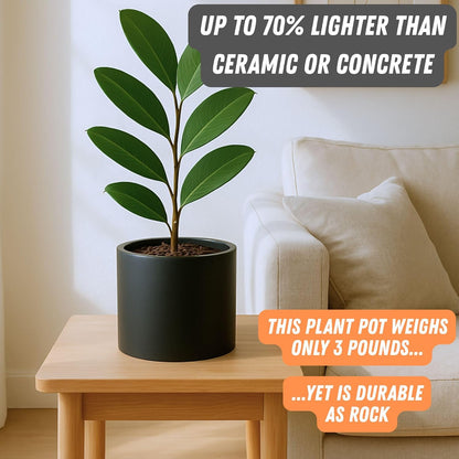 Fox & Fern 8 Inch Black Plant Pot with Drainage Plug — Premium Lightweight Fiberstone Matte Black Planter; 8 Inch Pots for Plants; for Indoor & Outdoor Use; Weather Resistant & UV Resistant