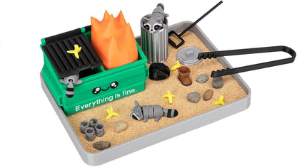 Stylor Dumpster Fire Zen Garden Desk Decor - Miniature Sandbox with Raccoon & Flames, Humorous Office Stress Relief Gift, Includes Stones, Sand & Accessories