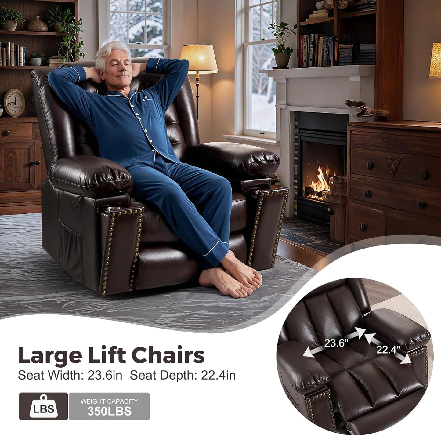Electric Power Lift Recliner Chair for Elderly with Heat & Massage, Breathable Leather Large Reclining Chairs w/2 Concealed Cup Holders for Seniors Home Living Room,Set of 2,Brown
