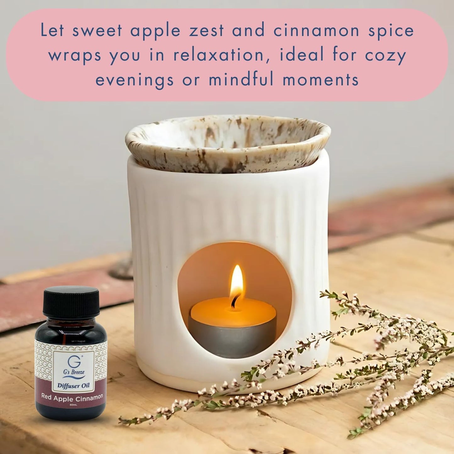 G's Breeze Red Apple Cinnamon Diffuser Oil Refill - Blend of Ripe Apples & Spicy Cinnamon Scent - Transform Any Space with Invigorating Fragrance – Ideal for Home & Office – Long-Lasting Aroma - 60 ML
