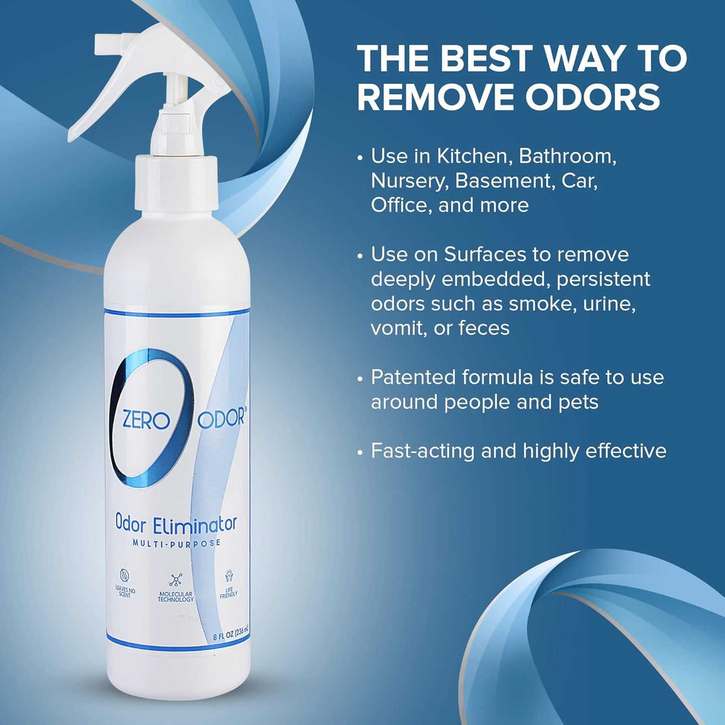 Zero Odor Multi-Purpose Odor Eliminator - Eliminate Air & Surface Odor – Patented Technology Best for Bathroom, Kitchen, Fabric, Closet- Smell Great Again, 8oz (Over 1000 Sprays)