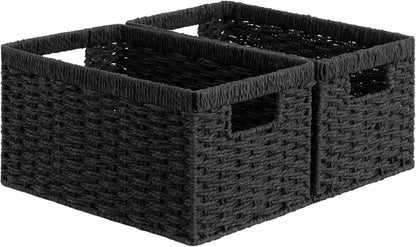 StorageWorks Pantry Baskets, Wicker Storage Baskets for Organizing, Bathroom Shelves, Pantry Organizers and Storage, Medium, Black, 2-Pack