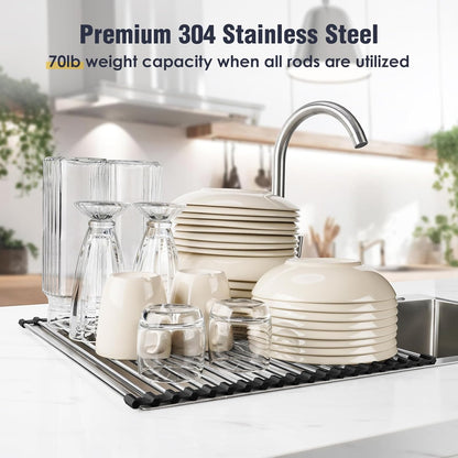 Tomorotec 21" x 15.5" Roll Up Dish Drying Rack Over Sink Drying Rack Sink Cover Kitchen Sink Accessories Gadget Multipurpose Organizer Foldable Stainless Steel Drainer