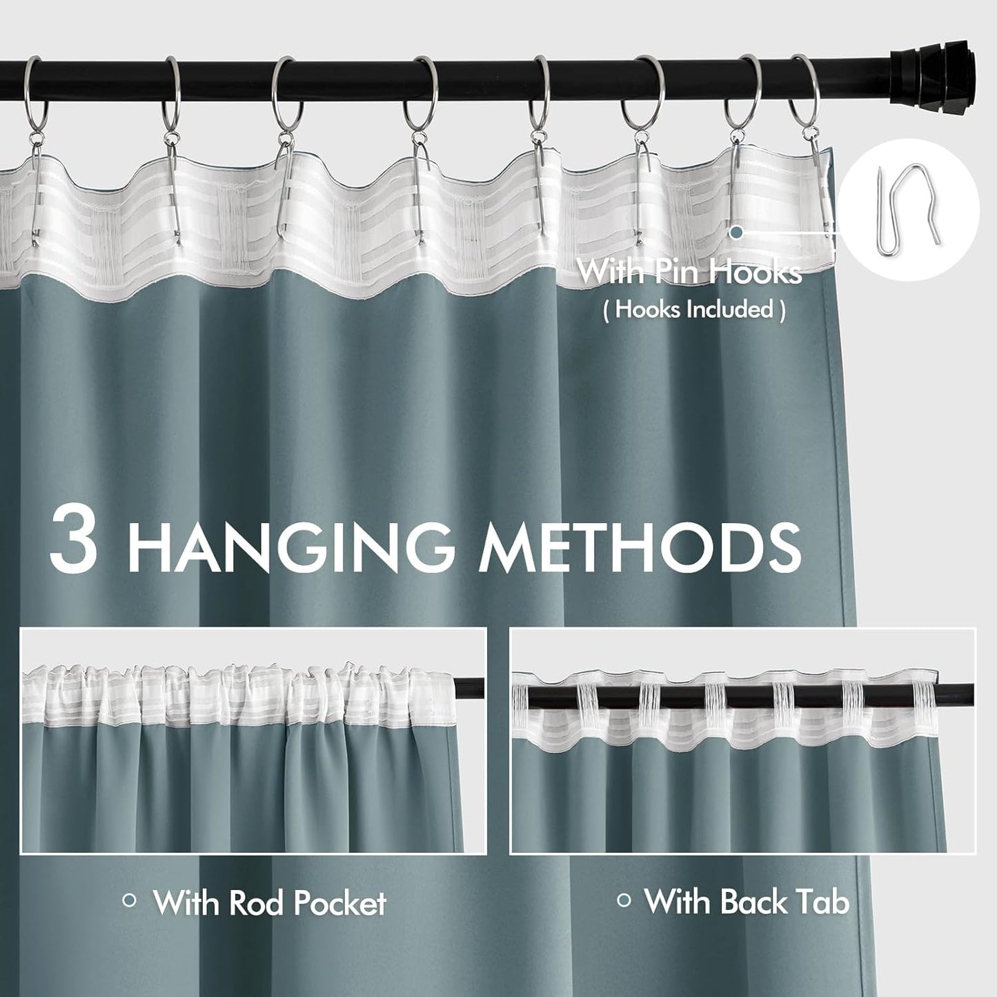 MIULEE Greyish Blue Back Tab Blackout Curtains 90 Inches Long 2 Panels Set for Living Room Bedroom Privacy, Rod Pocket/Pinch Pleat Thermal Insulated Room Darkening Pleated Light Blocking Drapes