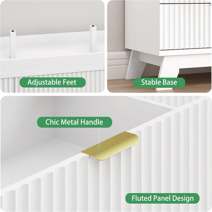 Fluted Dresser for Bedroom with 9 Drawers, 57" Wide Modern Chest of Drawers with Metal Handle, Wooden Dresser TV Stand, Wood Closet Clothes Storage Organizer for Living Room, Hallway, White