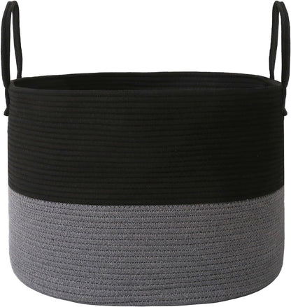 Woven Blanket Basket,65L Large Rope Storage Bin with Handles, Organizer for Blankets Toys Book and Clothes, Laundry Basket for Living Room Bedroom Nursery,Black&Grey