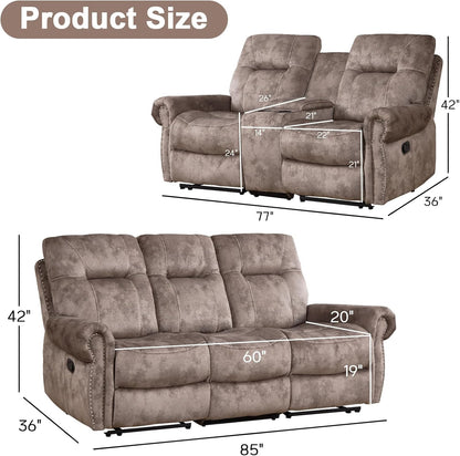 EBELLO 2 Pieces Manual Reclining Couch Furniture Set for Living Room, 2 Seat Loveseat and a 3 Seater Sofa, Vintage Rivet Mid-Century Design for Living Room, Brown