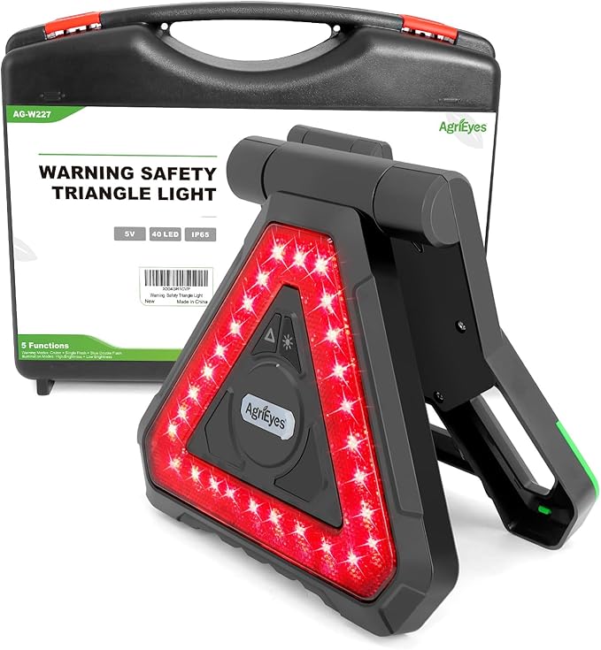 Agrieyes USB-C Rechargeable Emergency Triangle Lights, Portable Flashing LED Warning Triangle Light with 5 Modes, Portable Road Safety Hazard Light for Car Truck RV Vehicle Roadside, IP65 Waterproof