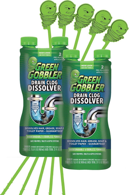 Green Gobbler Liquid Hair Drain Clog Remover, For Toilets, Sinks, Tubs - Septic Safe, 2 Pack + 5 Hair Snake Tools