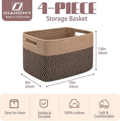 OIAHOMY 4 Pack Storage Baskets for Organizing, Basket for Shelves with Handle, Woven Baskets for Storage Toys, Towels, Books, Cotton Rope Basket 13" L x 9 " W x 7.8 " H, Brown & Black