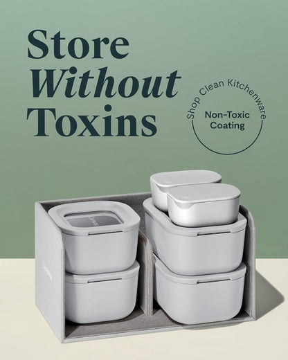 Caraway Mini Food Storage 11pc Set - Glass Storage Containers for Food - Non-Toxic Ceramic-Coated Glass - Air Release Technology - Compact & Stackable Design - Gray