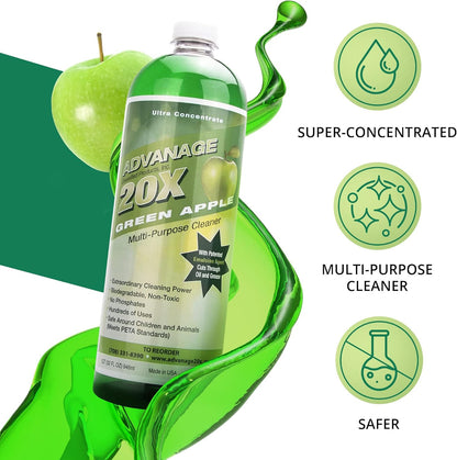 Advanage 20X All Purpose Cleaner Concentrate – Green Apple Eco-Friendly Heavy Duty Degreaser, Multisurface Cleaner for Bathroom, Kitchen, Floors, Household Cleaning Supplies, Made in USA, 32 Fl Oz