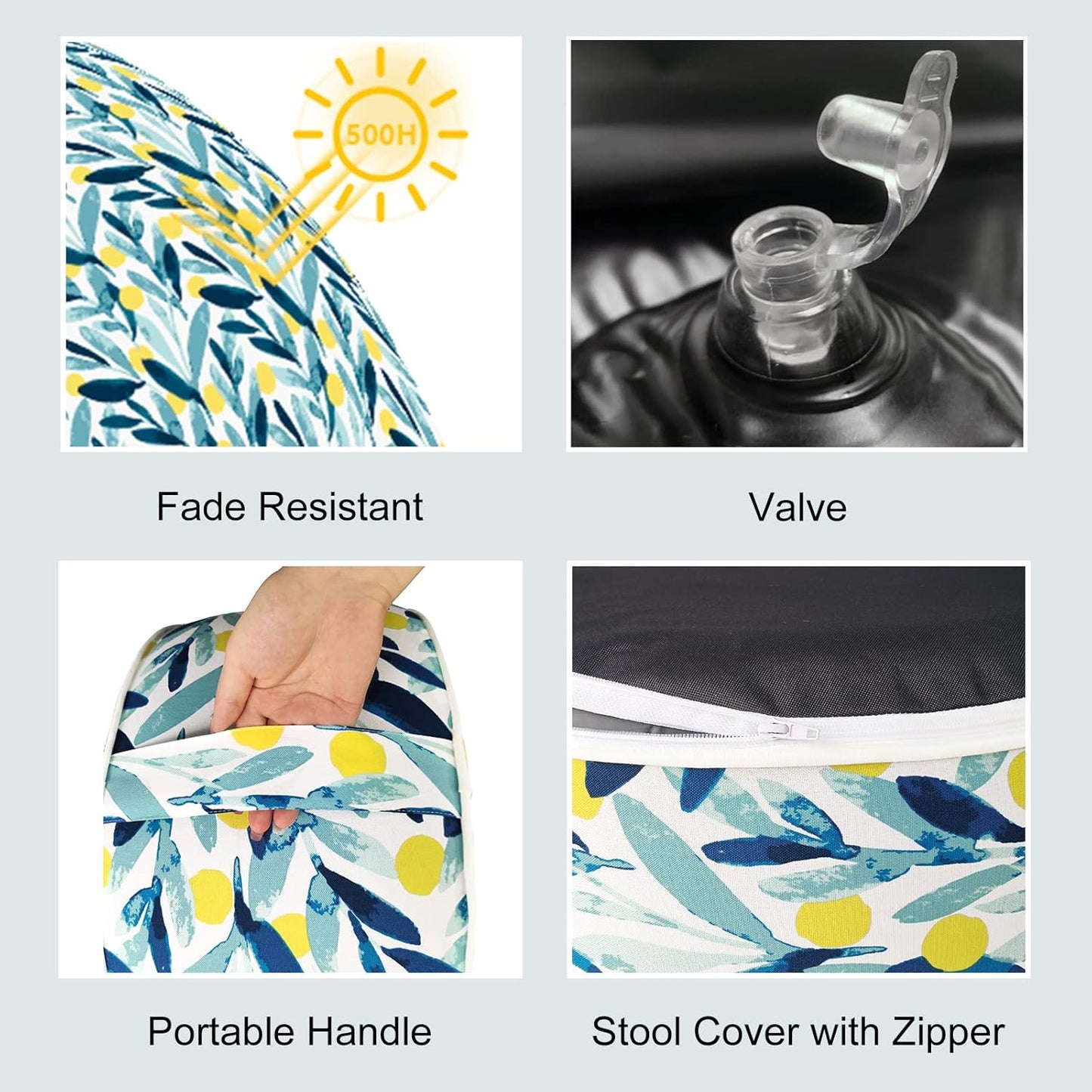 LVTXIII Outdoor/Indoor Inflatable Stool Ottoman, All Weather Patio Footrest Pouf, Portable Round Ottoman for Patio Garden, Camping or Home, D21xH9 Inches, Blue Leaves