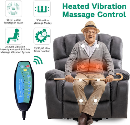 VIVIJASON Large Dual OKIN Motor Lay Flat Sleeper Lift Recliner Chair with Heat & Massage for Elderly, Infinite Position Electric Power Recliner with 2 Remote Controls, Side Pockets & USB Ports, Gray