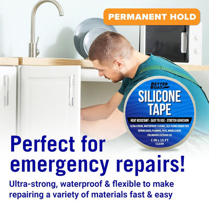 Clear Heavy Duty Silicone Tape, Self-Fusing Rubber Hose and Plumbing Water Pipe Repair Seal, Coax Electrical or Waterproof Tape for Leaks, 15ft