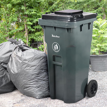 32 Gallon Trash Can with Wheels Outdoor Recycling Bin with Lid and Wheels Heavy Duty Rolling Garbage Can Commercial Wheeled Garbage Can for Home Garage Office, Set of Blue and Gray