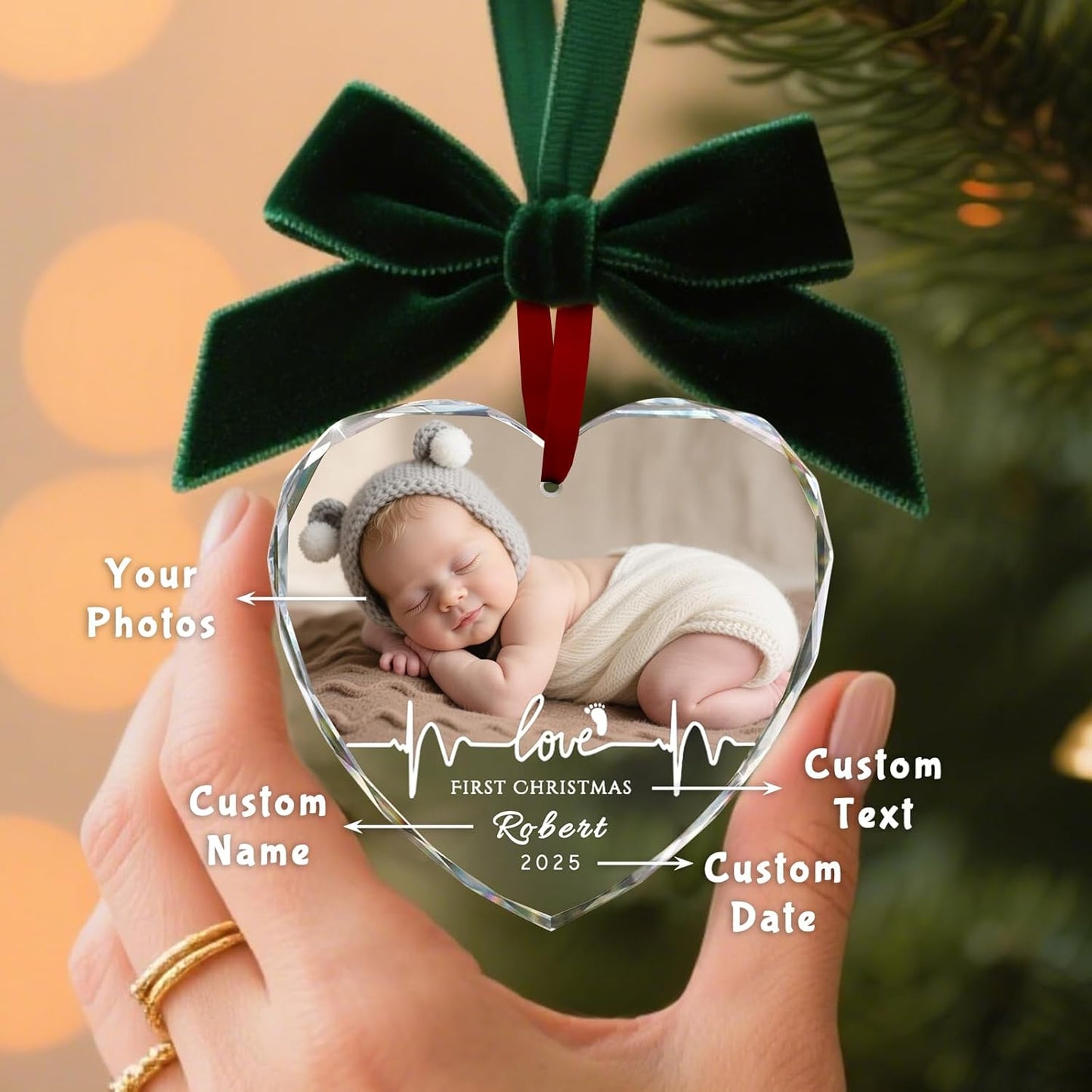 Custom Christmas Ornament Glass-Personalized Christmas Ornaments with Photo/Name/Date/Text,Wedding Christmas Birthday Baby Gifts (Color 4)