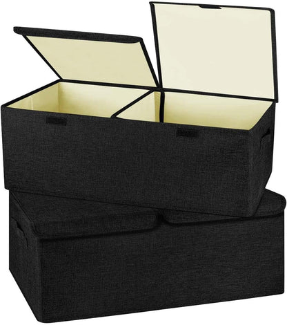 2 Pack Large Linen Fabric Collapsible Storage Bins with Lid and Handles, Washable Storage Box Baskets Cube with Removable Divider for Bedroom,Closet,Office,Living Room,Nursery (Black, Small)