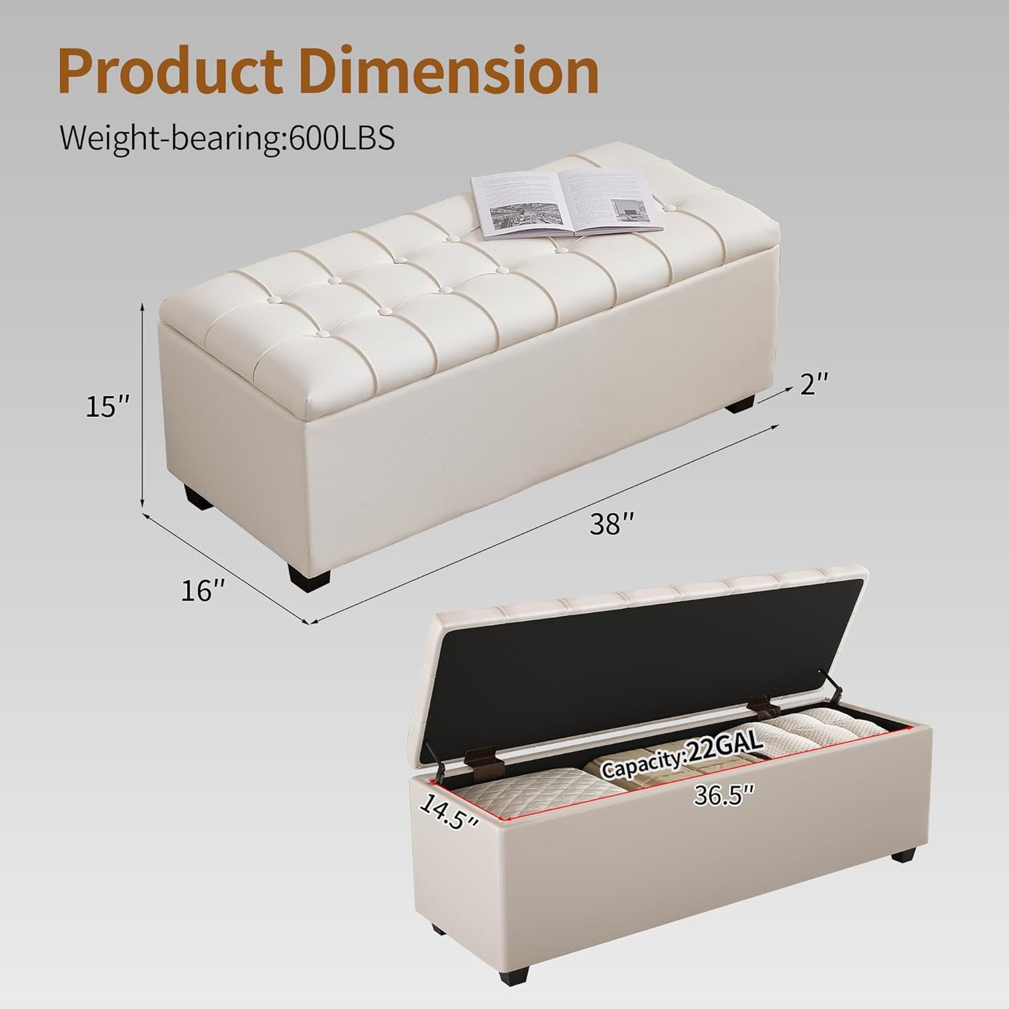 Small 38 Inches Long White Ottoman Bench with Storage,Footstool Furniture End of Bed Benches,Faux Leather Ottomans and Seat for Foot Rest in Bedroom, Living Room, Entryway