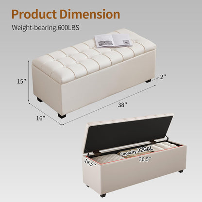 Small 38 Inches Long White Ottoman Bench with Storage,Footstool Furniture End of Bed Benches,Faux Leather Ottomans and Seat for Foot Rest in Bedroom, Living Room, Entryway