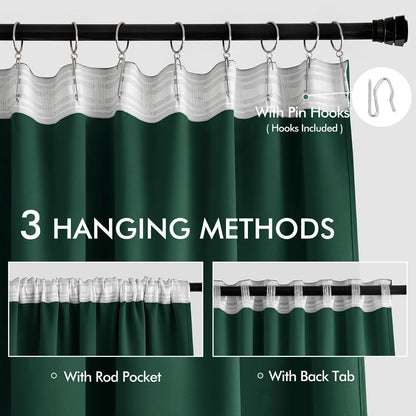 MIULEE Hunter Green Back Tab Blackout Curtains 108 Inch Long 2 Panels Set for Living Room Bedroom, Rod Pocket/Pinch Pleat Extra Long Thermal Insulated Room Darkening Pleated Window Drapes