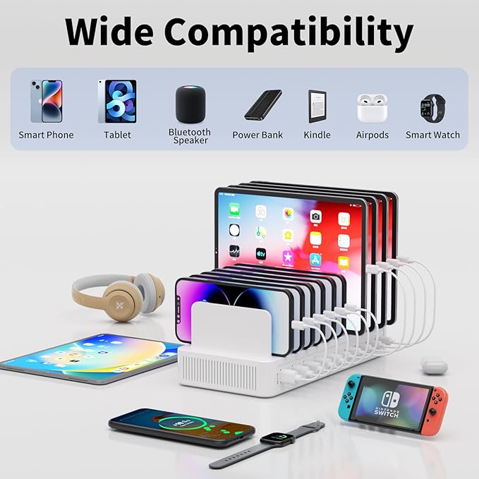 60W Charging Station for Multiple Devices, 10-Port USB Fast Charging Station with Adjustable Dividers - Device Organizer Charging Dock for iPhone, Android, iPad, Tablets & More