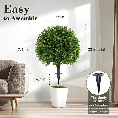 Artificial Boxwood Topiary Outdoor Plants with Spike, 2 Pack Faux Bushes UV Resistant Fake Shrubs for Front Porch Décor