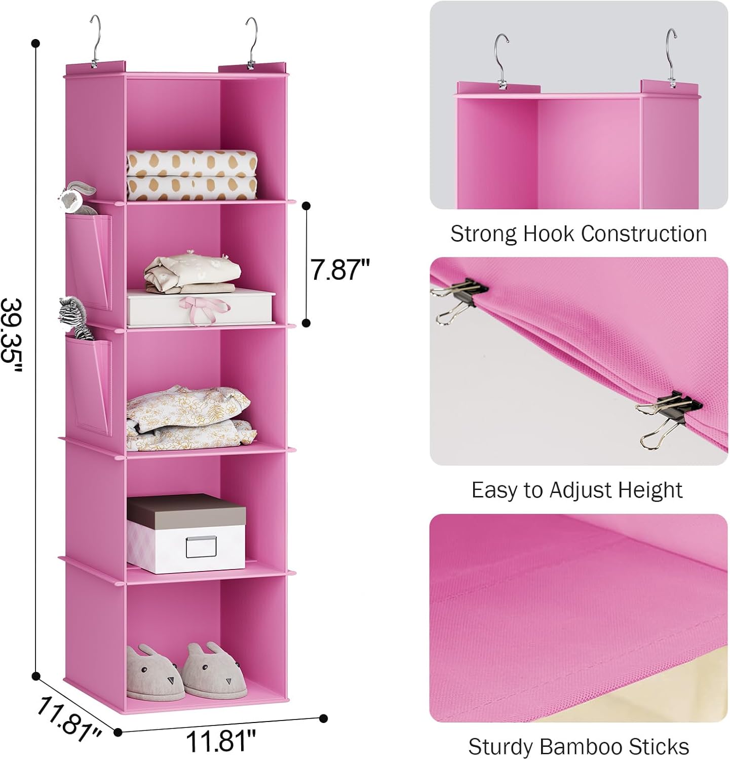 YOUDENOVA Hanging Closet Organizer, 5-Shelf Closet Hanging Storage Shelves, Light Pink
