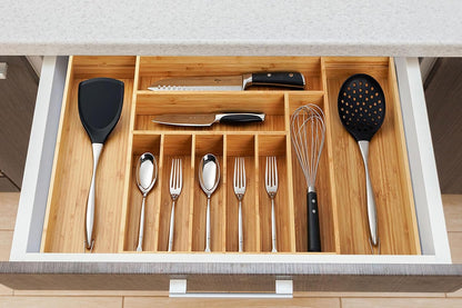 Umilife Extra Large Expandable Kitchen Siverware Utensils Drawer Organizer, 19" Deep for Big Drawer, Adjustable Bamboo Wood Drawer Divider with Curved Grooves, Cutlery Tray Flatware Holder