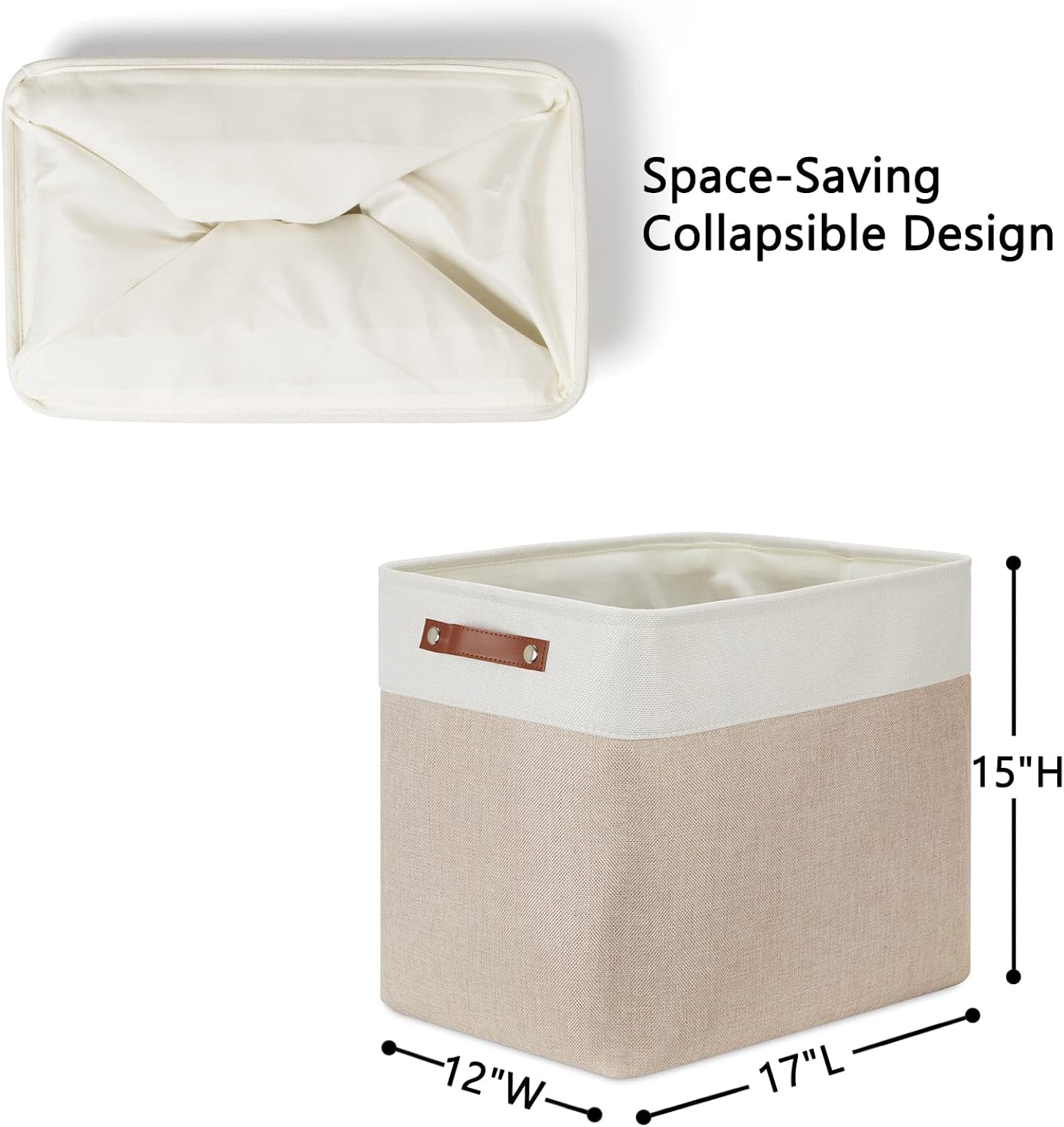 DULLEMELO Large Collapsible Storage Basket/Bin with Sturdy Leather Handles, Fabric Organizer Bin for Storage Clothes, Toys, Books, Office, Bedroom, Closet, Nursery & Laundry (White&Khaki)
