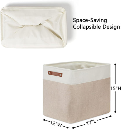 DULLEMELO Large Collapsible Storage Basket/Bin with Sturdy Leather Handles, Fabric Organizer Bin for Storage Clothes, Toys, Books, Office, Bedroom, Closet, Nursery & Laundry (White&Khaki)
