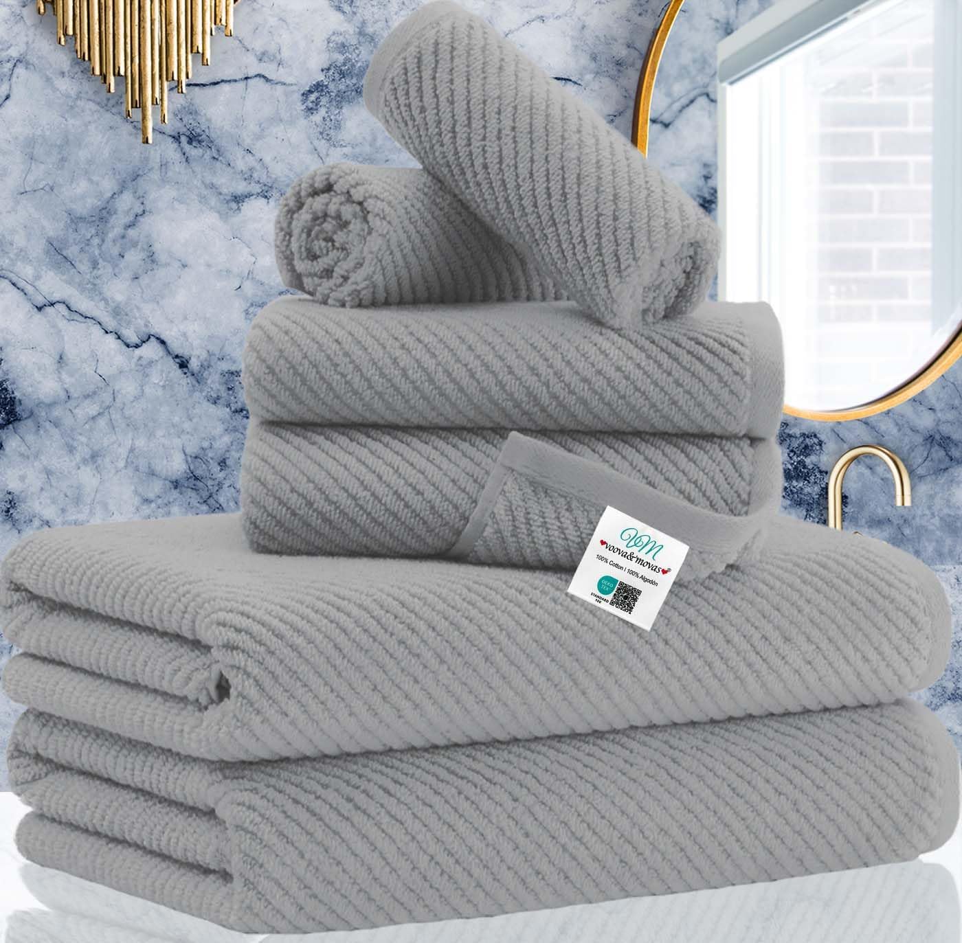 VOOVA & MOVAS Grey Bathroom Towel Sets - 100% Cotton | Lightweight | Quick Dry | Thick | Soft, 6 Piece Towel Set, 2 Large Bath 30"x56", 2 Hand 18"x28", 2 Washcloths 13"x13", Bathroom Essentials, Gray