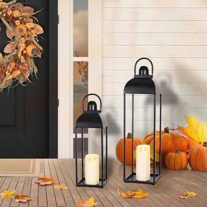 25'' 19'' Lanterns Decorative Outdoor Indoor, Black Metal Outdoor Candle Lanterns, Set of 2 Modern Farmhouse Decorative Lantern for Fireplace, Patio, Porch, Floor, Halloween Lantern (No Glass)