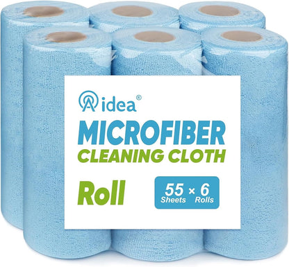 AIDEA Microfiber Cleaning Cloth, Shop Towels 330 Sheets 6 Roll, Microfiber Towels for Cars, Blue Shop Rags Washable, Cleaning Rags Reusable Paper Towels for Automotive, Workshops, House,11×9"