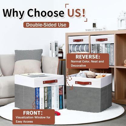 HNZIGE Fabric Cube Storage Bins - 4 Pack 13x15x13 Collapsible Storage Cubes for Organizing Shelves, Closet, Pantry - White, Gray