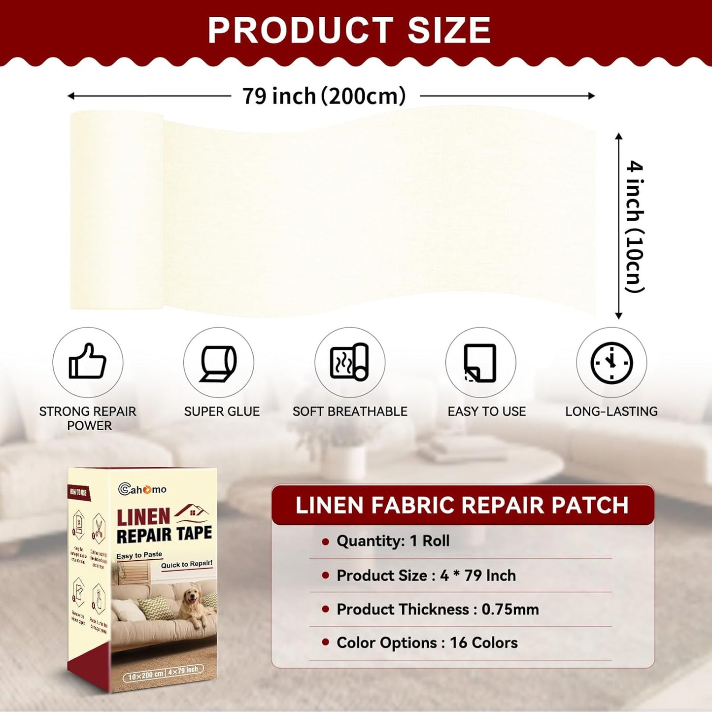 Linen Repair Tape 4x79 inch, Self Adhesive Fabric Patches, Linen Patch Tape Kit, Fabric Repair Tape for Couch Sofas, Headboards, Chairs, Pillows, Curtains, Couches - Beige White