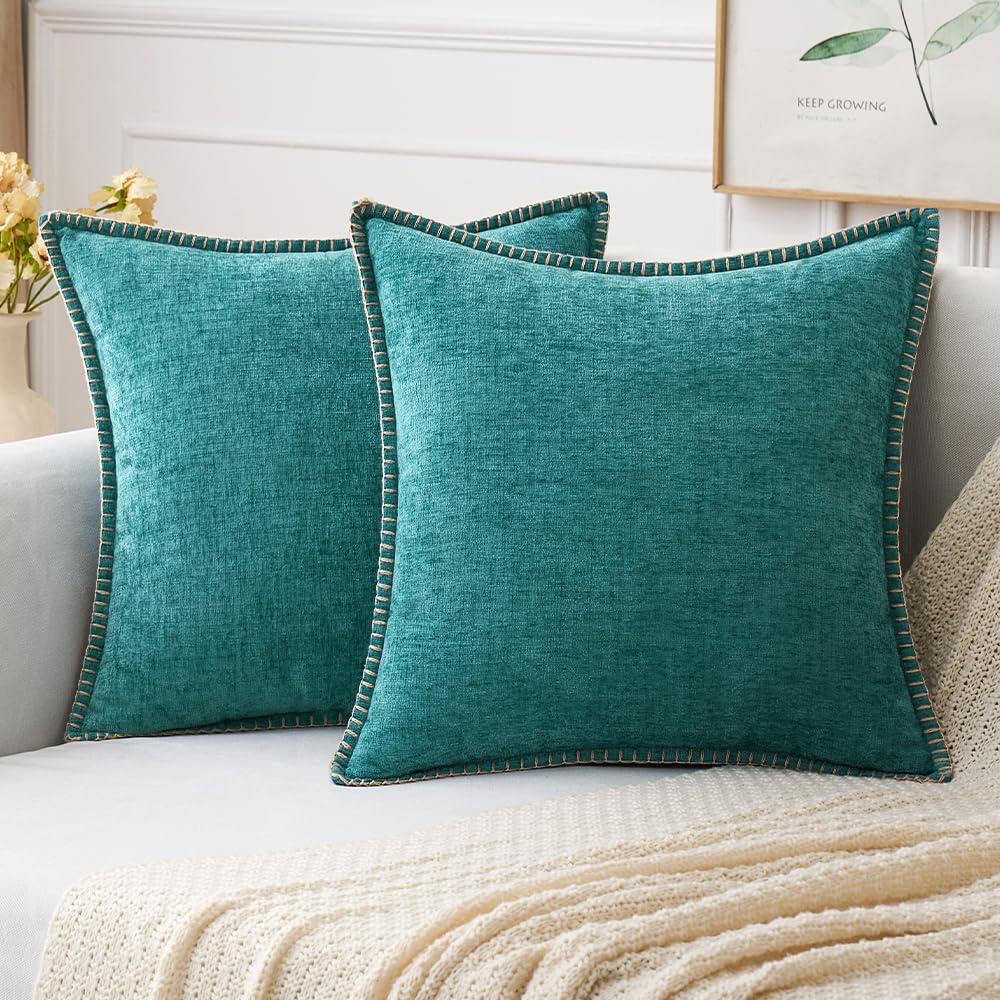 MIULEE Pack of 2 Couch Throw Pillow Covers 18x18 Inch Coastal Teal Farmhouse Decorative Pillow Covers with Stitched Edge Soft Chenille Solid Dyed Spring Pillow Covers for Sofa Bed Living Room