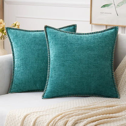 MIULEE Pack of 2 Couch Throw Pillow Covers 18x18 Inch Coastal Teal Farmhouse Decorative Pillow Covers with Stitched Edge Soft Chenille Solid Dyed Spring Pillow Covers for Sofa Bed Living Room