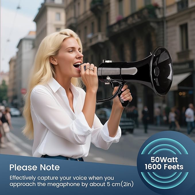 50 Watt Megaphone Bullhorn with Detachable Microphone, 240s Recording and Siren - Perfect for Indoor/Outdoor Sporting Events and Crowd Control