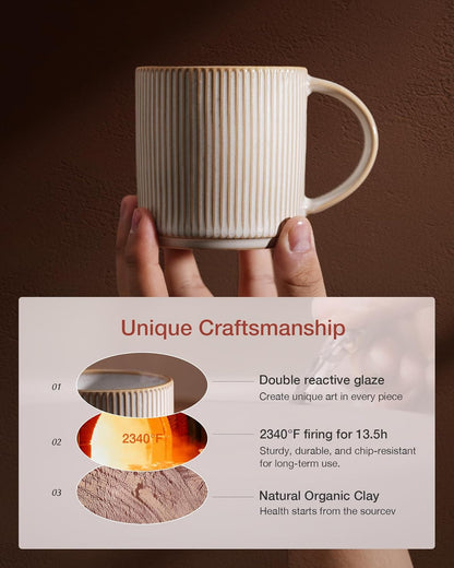 famiware Coffee Mug Set for 4, Star 12 oz Catering Mugs Cup Set with Handle for Coffee, Tea, Cocoa, Milk - Ceramic Stoneware Drinkware Set, Cappuccino White