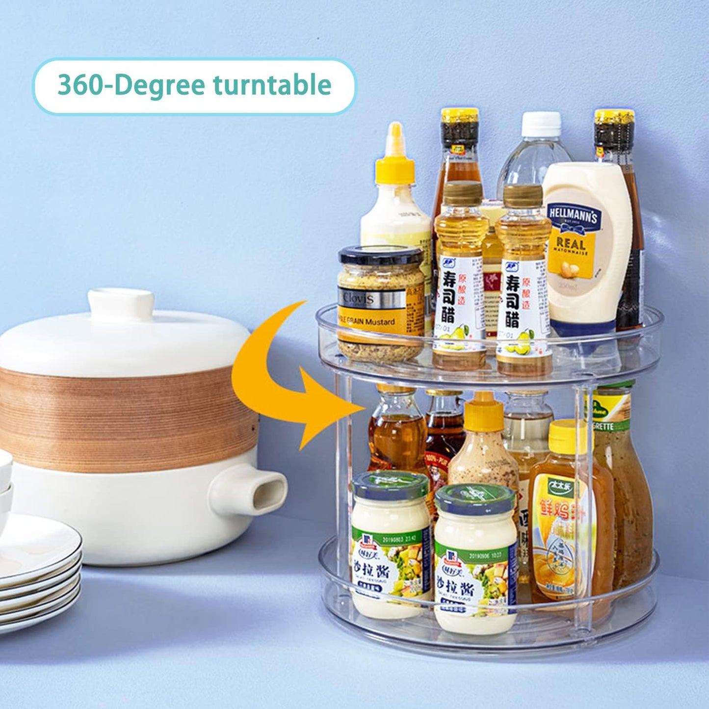 URALFA 2 Tier Lazy Susan Turntable, 9 Inch Clear Tiered Lazy Susan Organizer, 360 Rotating Spinner Organizer for Kitchen, Pantry, Counter, Sink